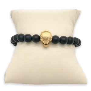 YGP Stainless CZ Skull & Onyx Stretch Bead Bracelet