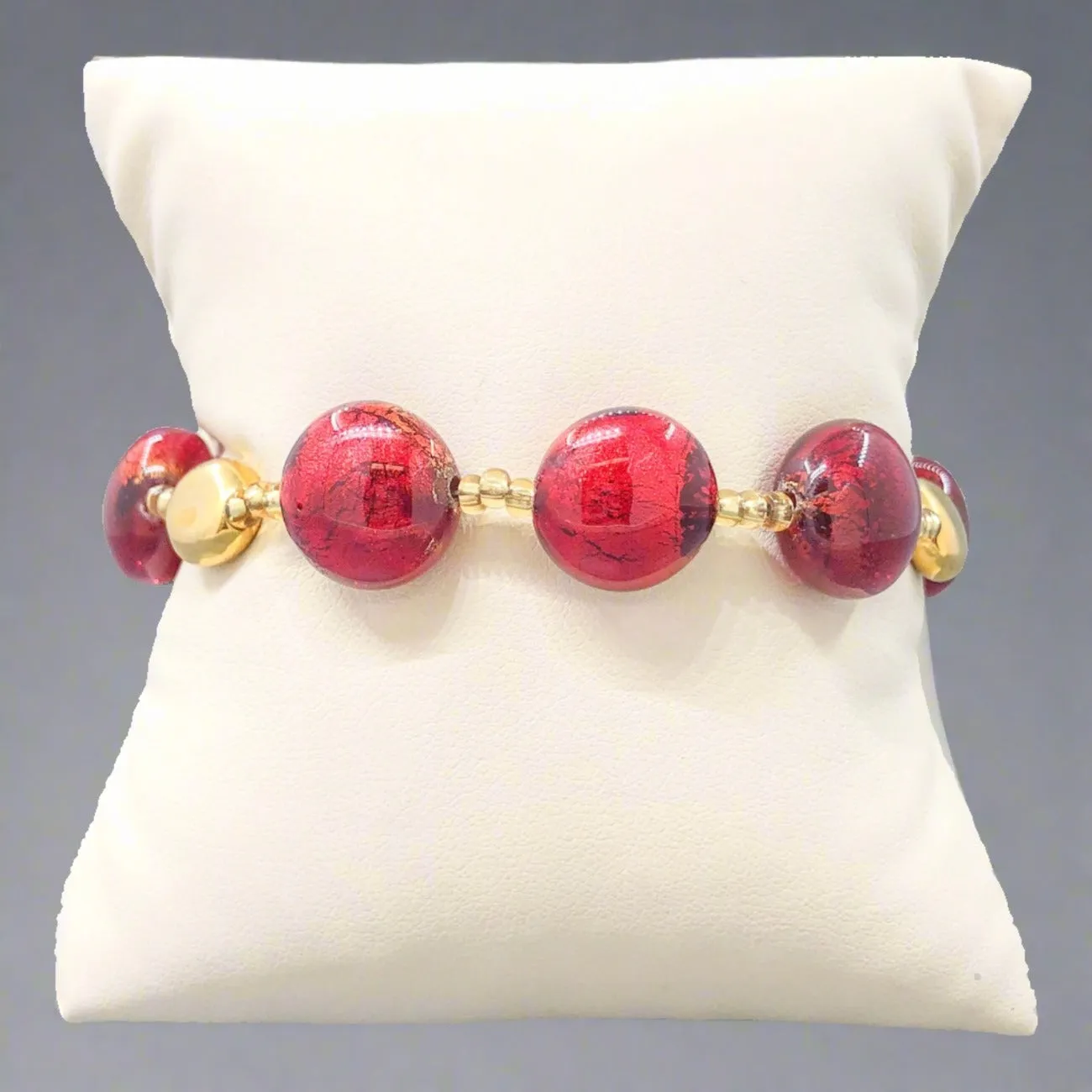 YGP Stainless Red Murano Glass and Gold Tone Bead Bracelet