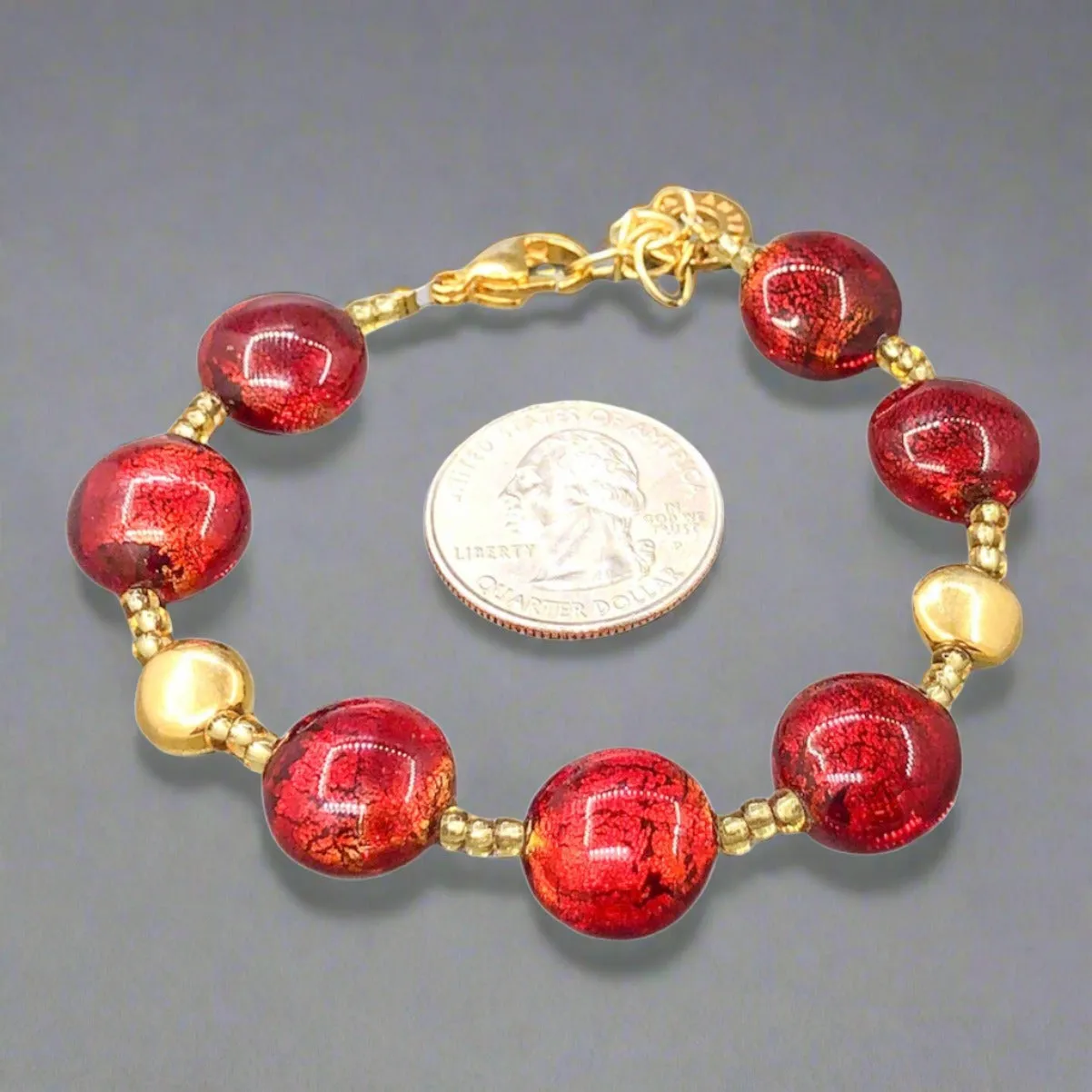 YGP Stainless Red Murano Glass and Gold Tone Bead Bracelet