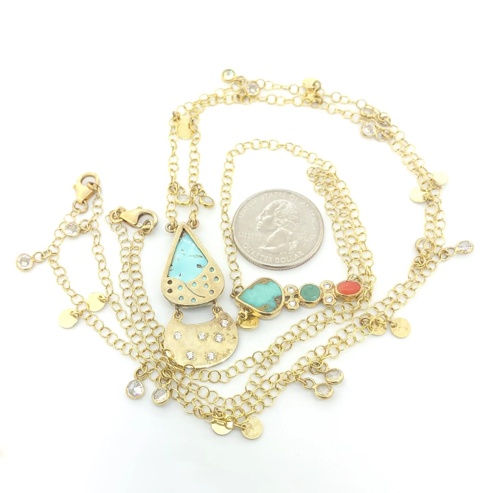 YGP Sterling 2 Strand Turquoise, Coral CZ Necklace Set