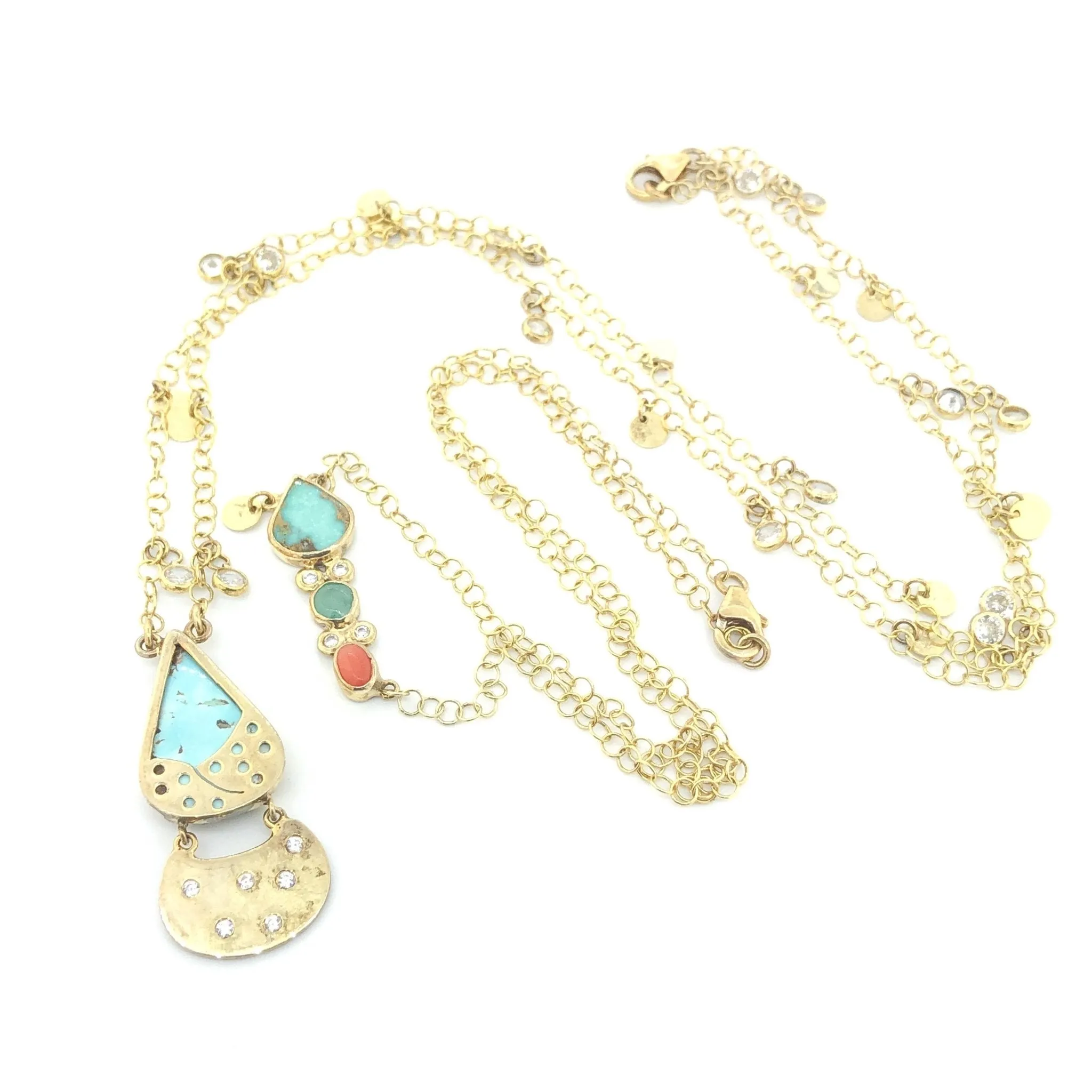 YGP Sterling 2 Strand Turquoise, Coral CZ Necklace Set
