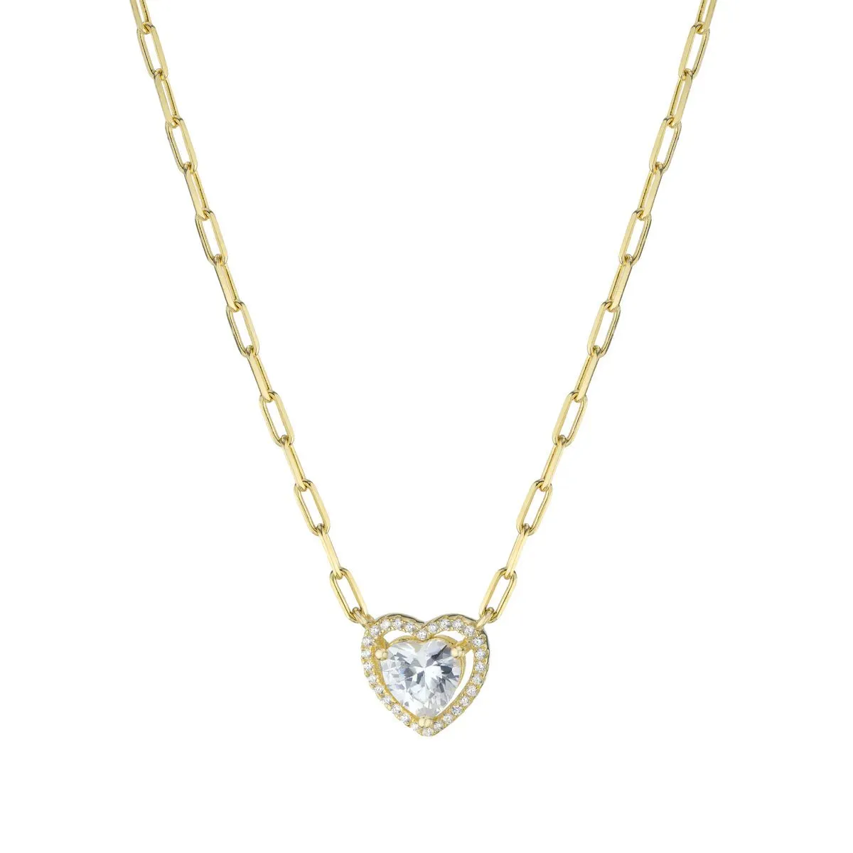 YGP Sterling CZ Heart Necklace with Paperclip Chain