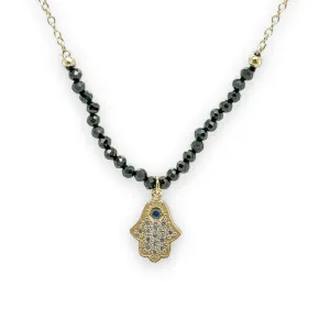 YGP Sterling CZ Onyx Hamsa Necklace